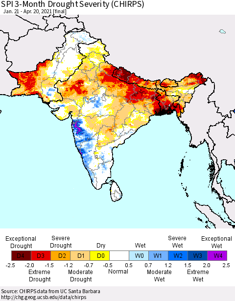 Southern Asia SPI 3-Month Drought Severity (CHIRPS) Thematic Map For 1/21/2021 - 4/20/2021