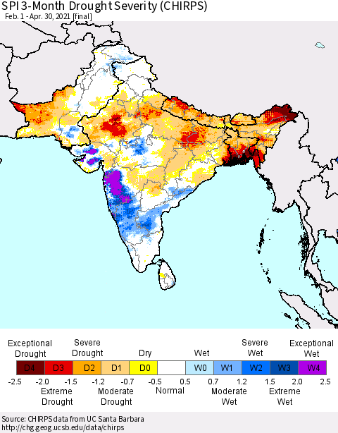 Southern Asia SPI 3-Month Drought Severity (CHIRPS) Thematic Map For 2/1/2021 - 4/30/2021