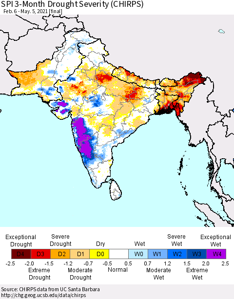 Southern Asia SPI 3-Month Drought Severity (CHIRPS) Thematic Map For 2/6/2021 - 5/5/2021