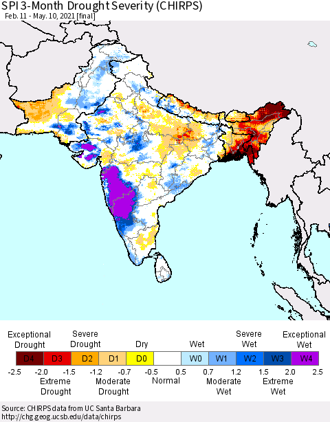 Southern Asia SPI 3-Month Drought Severity (CHIRPS) Thematic Map For 2/11/2021 - 5/10/2021