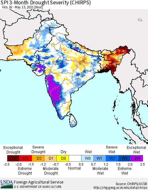 Southern Asia SPI 3-Month Drought Severity (CHIRPS) Thematic Map For 2/16/2021 - 5/15/2021