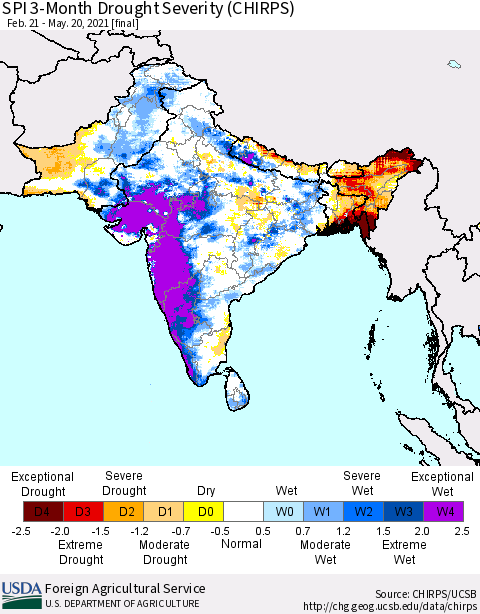 Southern Asia SPI 3-Month Drought Severity (CHIRPS) Thematic Map For 2/21/2021 - 5/20/2021