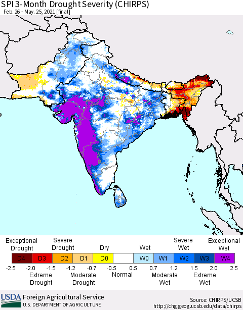 Southern Asia SPI 3-Month Drought Severity (CHIRPS) Thematic Map For 2/26/2021 - 5/25/2021
