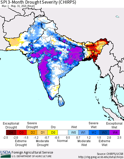 Southern Asia SPI 3-Month Drought Severity (CHIRPS) Thematic Map For 3/1/2021 - 5/31/2021