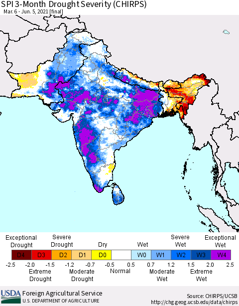 Southern Asia SPI 3-Month Drought Severity (CHIRPS) Thematic Map For 3/6/2021 - 6/5/2021