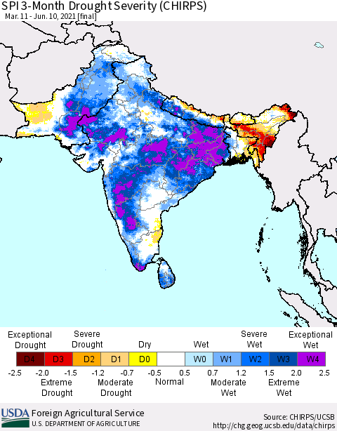 Southern Asia SPI 3-Month Drought Severity (CHIRPS) Thematic Map For 3/11/2021 - 6/10/2021