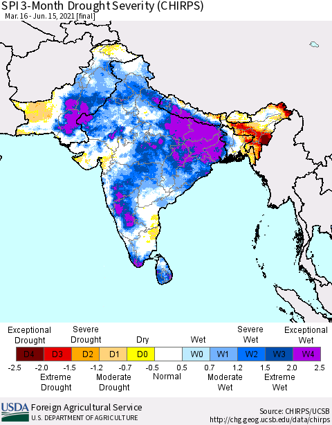 Southern Asia SPI 3-Month Drought Severity (CHIRPS) Thematic Map For 3/16/2021 - 6/15/2021