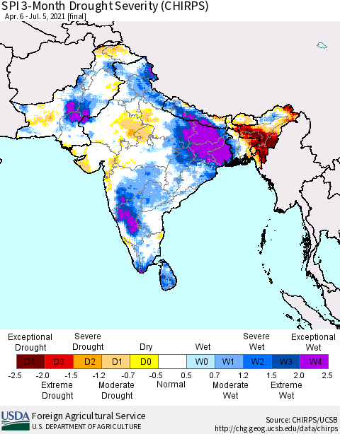 Southern Asia SPI 3-Month Drought Severity (CHIRPS) Thematic Map For 4/6/2021 - 7/5/2021