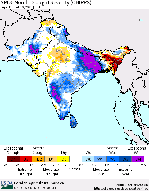Southern Asia SPI 3-Month Drought Severity (CHIRPS) Thematic Map For 4/11/2021 - 7/10/2021