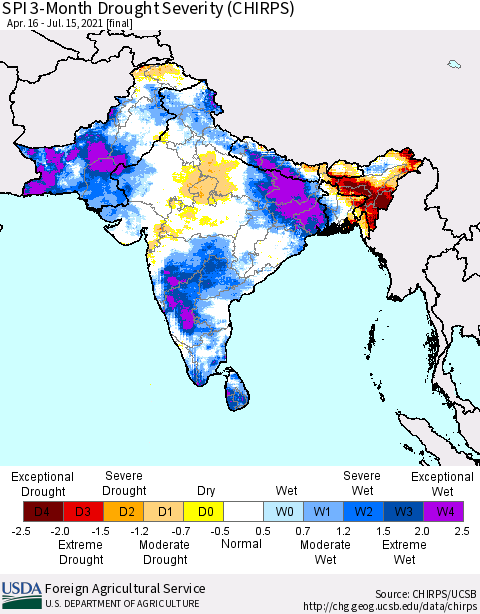 Southern Asia SPI 3-Month Drought Severity (CHIRPS) Thematic Map For 4/16/2021 - 7/15/2021