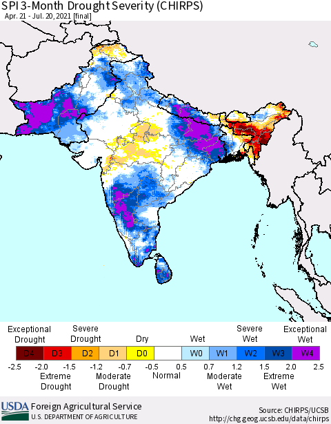 Southern Asia SPI 3-Month Drought Severity (CHIRPS) Thematic Map For 4/21/2021 - 7/20/2021