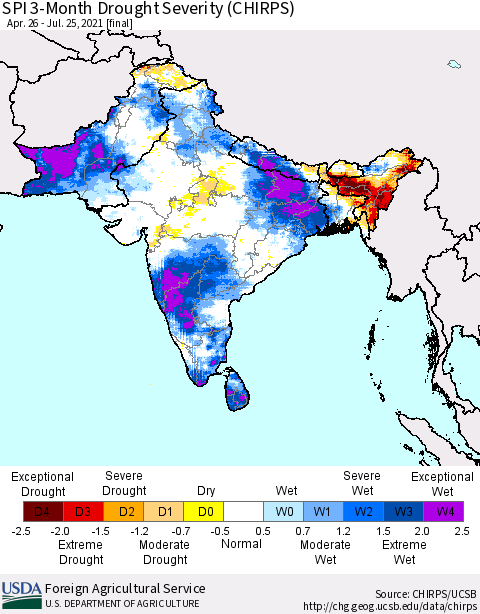 Southern Asia SPI 3-Month Drought Severity (CHIRPS) Thematic Map For 4/26/2021 - 7/25/2021
