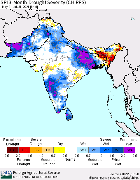 Southern Asia SPI 3-Month Drought Severity (CHIRPS) Thematic Map For 5/1/2021 - 7/31/2021