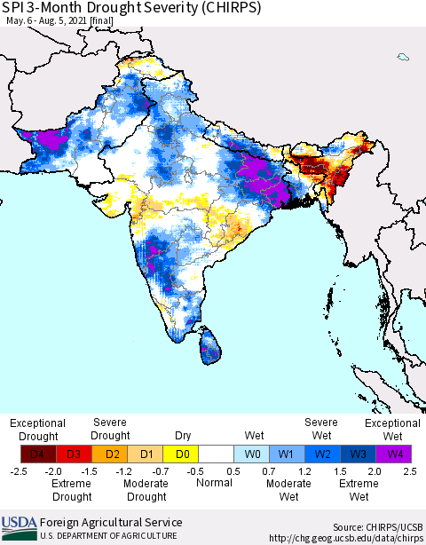 Southern Asia SPI 3-Month Drought Severity (CHIRPS) Thematic Map For 5/6/2021 - 8/5/2021