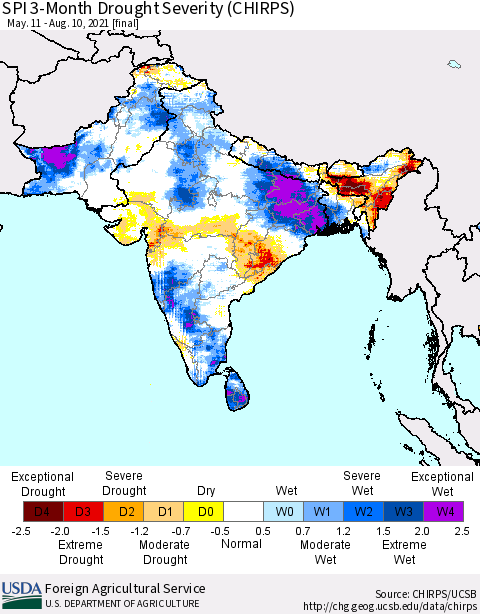 Southern Asia SPI 3-Month Drought Severity (CHIRPS) Thematic Map For 5/11/2021 - 8/10/2021
