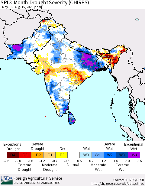 Southern Asia SPI 3-Month Drought Severity (CHIRPS) Thematic Map For 5/16/2021 - 8/15/2021