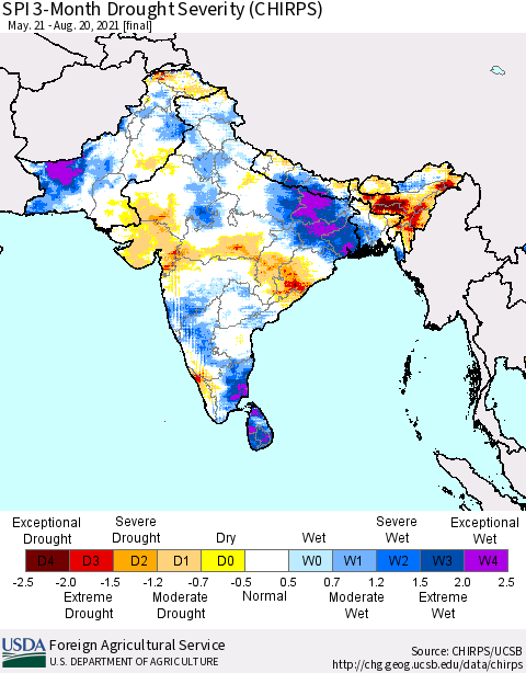 Southern Asia SPI 3-Month Drought Severity (CHIRPS) Thematic Map For 5/21/2021 - 8/20/2021