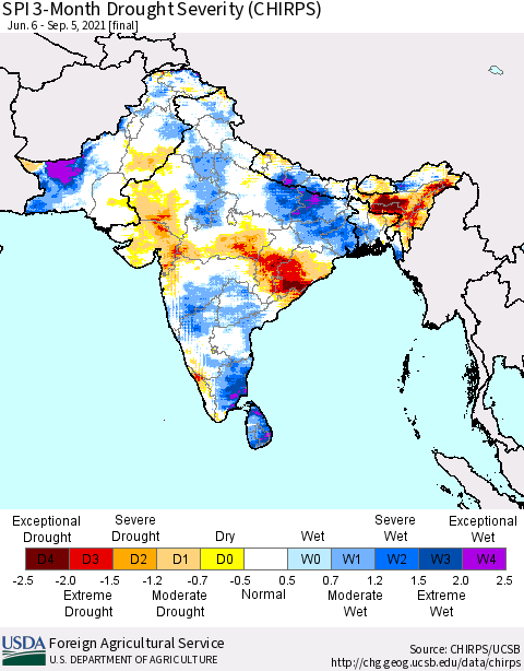 Southern Asia SPI 3-Month Drought Severity (CHIRPS) Thematic Map For 6/6/2021 - 9/5/2021