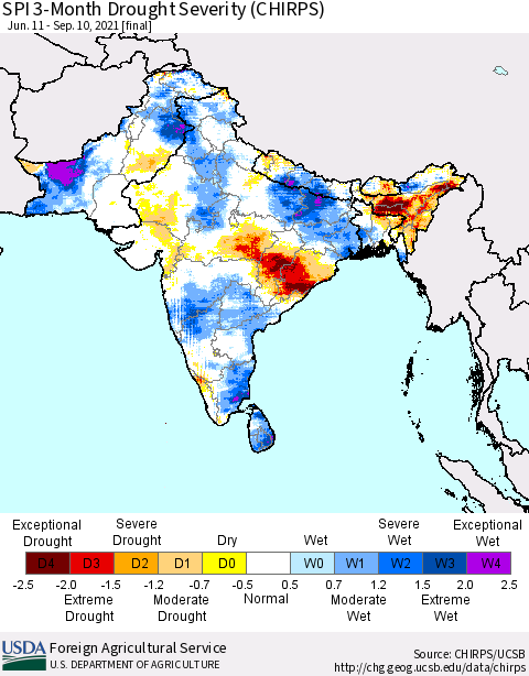 Southern Asia SPI 3-Month Drought Severity (CHIRPS) Thematic Map For 6/11/2021 - 9/10/2021