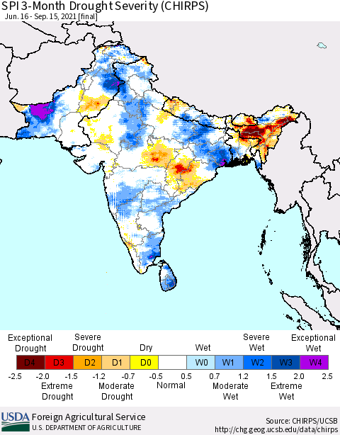 Southern Asia SPI 3-Month Drought Severity (CHIRPS) Thematic Map For 6/16/2021 - 9/15/2021