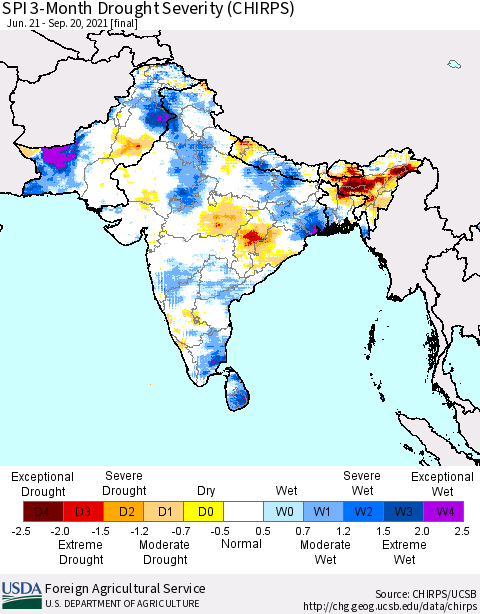 Southern Asia SPI 3-Month Drought Severity (CHIRPS) Thematic Map For 6/21/2021 - 9/20/2021