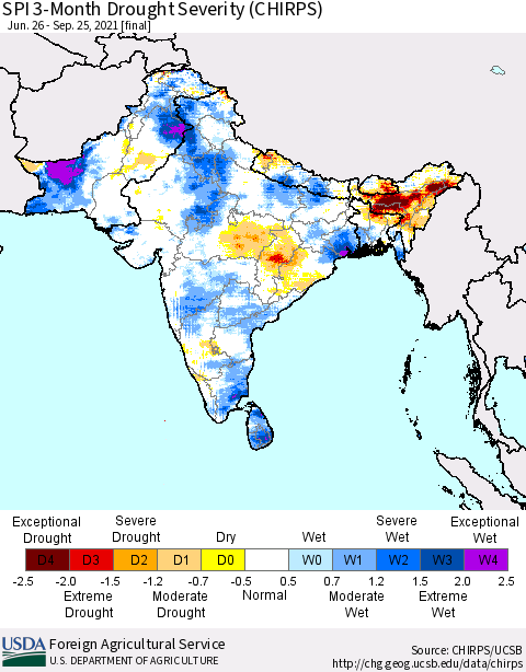 Southern Asia SPI 3-Month Drought Severity (CHIRPS) Thematic Map For 6/26/2021 - 9/25/2021