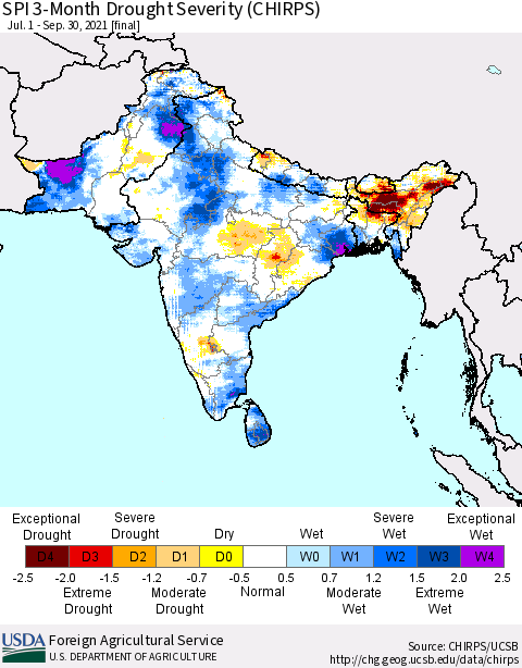 Southern Asia SPI 3-Month Drought Severity (CHIRPS) Thematic Map For 7/1/2021 - 9/30/2021