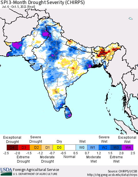 Southern Asia SPI 3-Month Drought Severity (CHIRPS) Thematic Map For 7/6/2021 - 10/5/2021