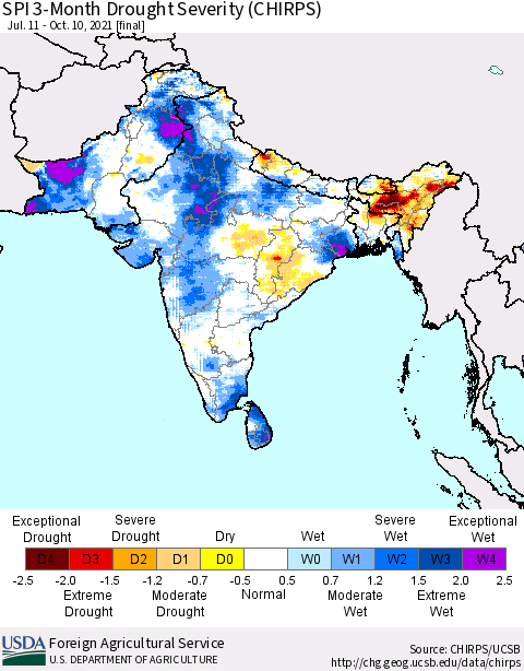 Southern Asia SPI 3-Month Drought Severity (CHIRPS) Thematic Map For 7/11/2021 - 10/10/2021