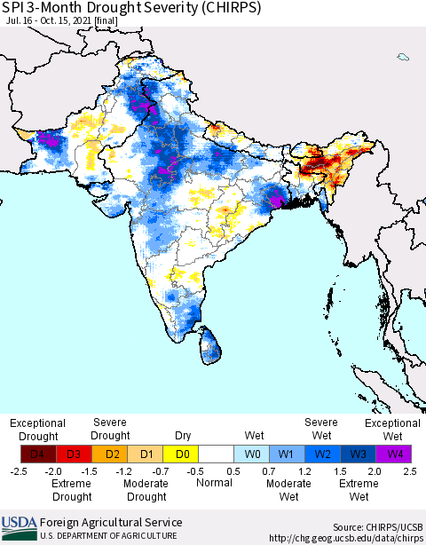 Southern Asia SPI 3-Month Drought Severity (CHIRPS) Thematic Map For 7/16/2021 - 10/15/2021