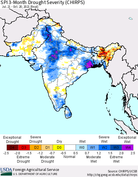Southern Asia SPI 3-Month Drought Severity (CHIRPS) Thematic Map For 7/21/2021 - 10/20/2021