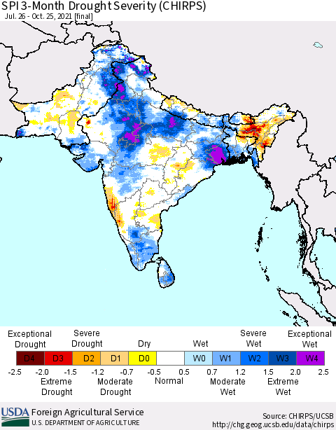 Southern Asia SPI 3-Month Drought Severity (CHIRPS) Thematic Map For 7/26/2021 - 10/25/2021