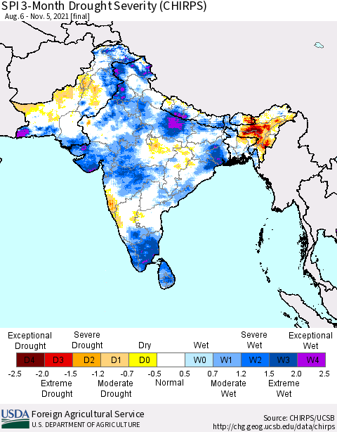 Southern Asia SPI 3-Month Drought Severity (CHIRPS) Thematic Map For 8/6/2021 - 11/5/2021