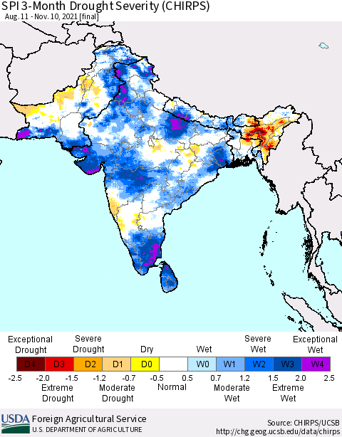 Southern Asia SPI 3-Month Drought Severity (CHIRPS) Thematic Map For 8/11/2021 - 11/10/2021