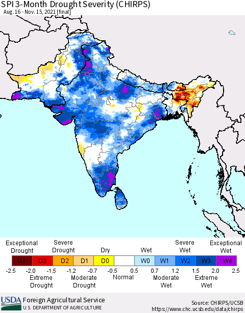 Southern Asia SPI 3-Month Drought Severity (CHIRPS) Thematic Map For 8/16/2021 - 11/15/2021