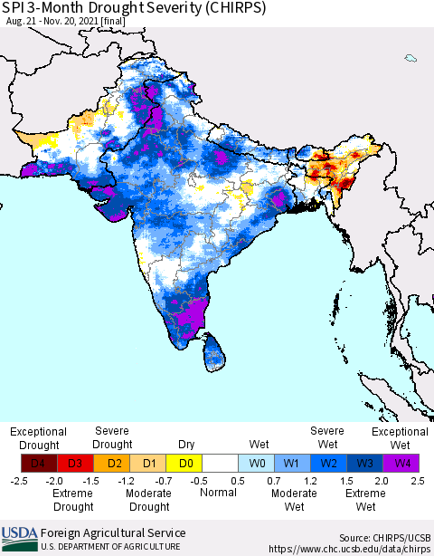 Southern Asia SPI 3-Month Drought Severity (CHIRPS) Thematic Map For 8/21/2021 - 11/20/2021