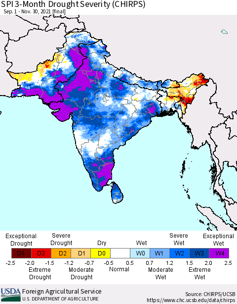 Southern Asia SPI 3-Month Drought Severity (CHIRPS) Thematic Map For 9/1/2021 - 11/30/2021