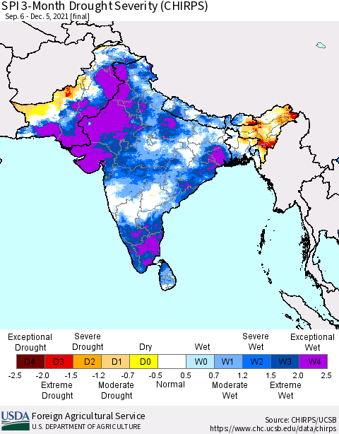 Southern Asia SPI 3-Month Drought Severity (CHIRPS) Thematic Map For 9/6/2021 - 12/5/2021