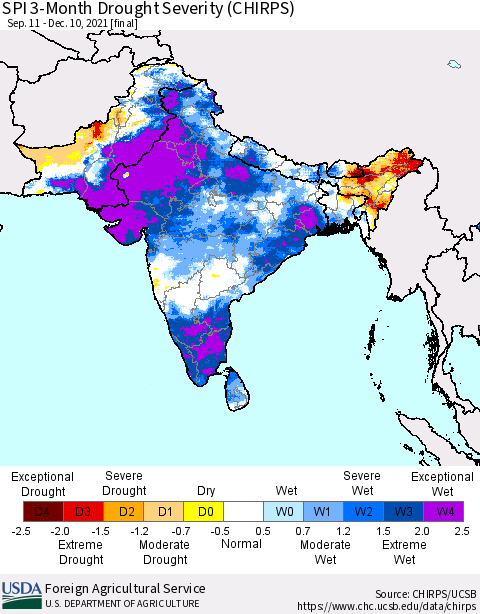 Southern Asia SPI 3-Month Drought Severity (CHIRPS) Thematic Map For 9/11/2021 - 12/10/2021