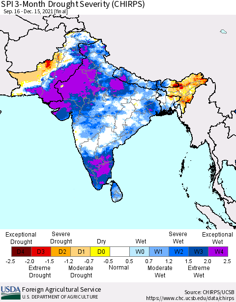 Southern Asia SPI 3-Month Drought Severity (CHIRPS) Thematic Map For 9/16/2021 - 12/15/2021