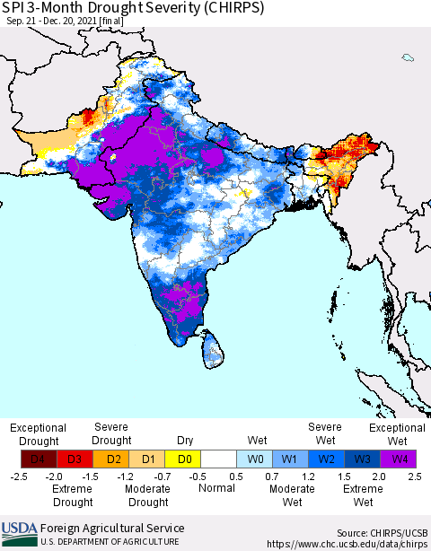 Southern Asia SPI 3-Month Drought Severity (CHIRPS) Thematic Map For 9/21/2021 - 12/20/2021