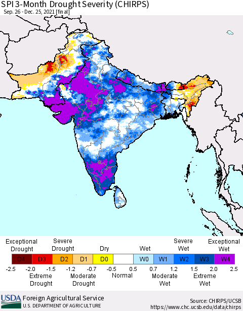 Southern Asia SPI 3-Month Drought Severity (CHIRPS) Thematic Map For 9/26/2021 - 12/25/2021