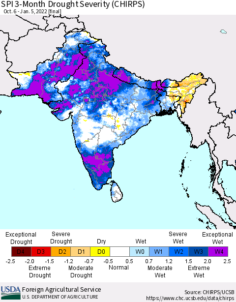 Southern Asia SPI 3-Month Drought Severity (CHIRPS) Thematic Map For 10/6/2021 - 1/5/2022