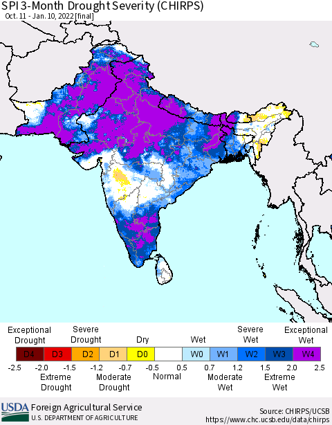 Southern Asia SPI 3-Month Drought Severity (CHIRPS) Thematic Map For 10/11/2021 - 1/10/2022