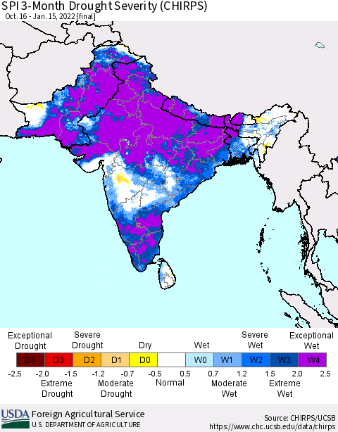 Southern Asia SPI 3-Month Drought Severity (CHIRPS) Thematic Map For 10/16/2021 - 1/15/2022