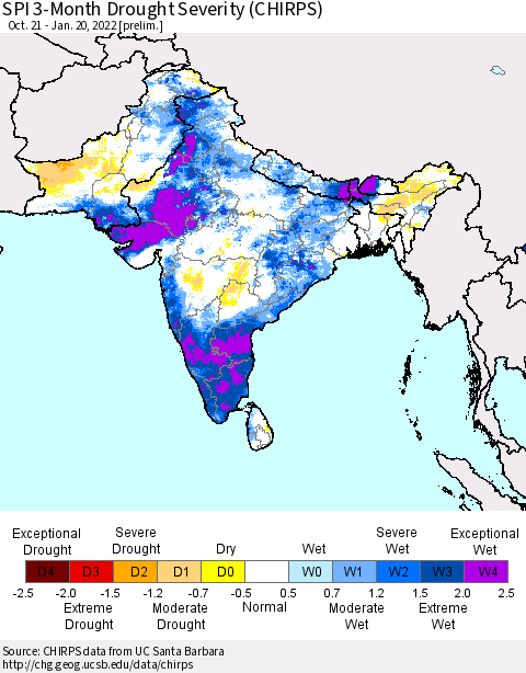 Southern Asia SPI 3-Month Drought Severity (CHIRPS) Thematic Map For 10/21/2021 - 1/20/2022