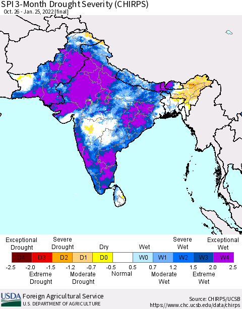 Southern Asia SPI 3-Month Drought Severity (CHIRPS) Thematic Map For 10/26/2021 - 1/25/2022