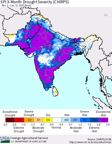 Southern Asia SPI 3-Month Drought Severity (CHIRPS) Thematic Map For 11/1/2021 - 1/31/2022