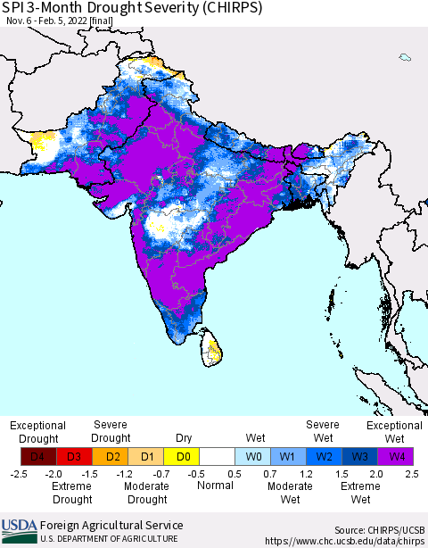 Southern Asia SPI 3-Month Drought Severity (CHIRPS) Thematic Map For 11/6/2021 - 2/5/2022