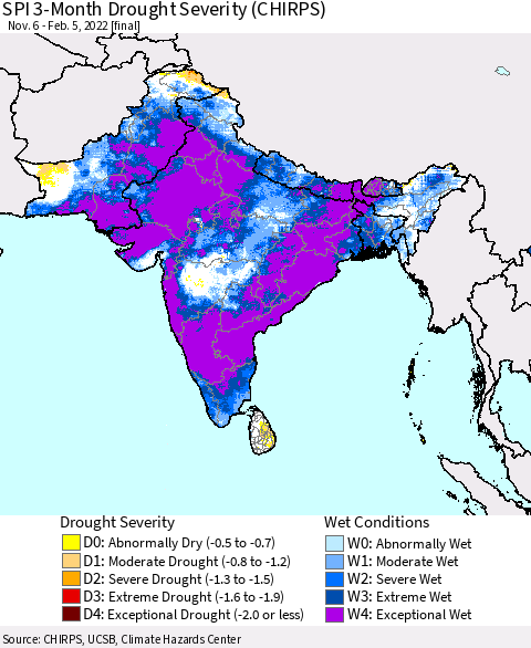 Southern Asia SPI 3-Month Drought Severity (CHIRPS) Thematic Map For 11/6/2021 - 2/5/2022